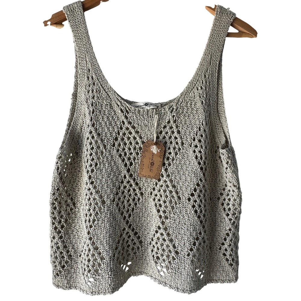 Natural Life Open Knit Diamond Crochet Pointelle Tank XL Beige Neutral NEW w tag